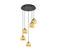 Eglo lampada a sospensione Alabraccin, luce a sospensione a grappolo con 5 luci per sala da pranzo, metallo in nero e vetro dorato, da tavolo di sospensione, attacco E27, Ø 27 cm