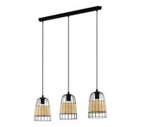 Eglo Lampada a sospensione Anwick, lampada a 3 luci vintage boho, sospensione in acciaio e rattan, lampada da tavolo da pranzo, lampada da soggiorno sospesa in nero, naturale, portalampada E27