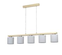 EGLO Lampada a sospensione Castralvo, 5 lampadine, in acciaio e nichel opaco, legno marrone e tessuto bianco, lampada per tavolo di cucina, certificazione FSC, attacco E27