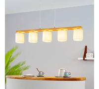 EGLO Lampada a sospensione Castralvo, 5 lampadine, in acciaio e nichel opaco, legno marrone e tessuto bianco, lampada per tavolo di cucina, certificazione FSC, attacco E27
