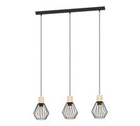 EGLO Lampada a sospensione Palmorla, 3 lampadine, stile industriale vintage rétro, in legno e acciaio, colore nero, lampada per sala da pranzo, certificazione FSC, attacco E27
