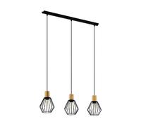 EGLO Lampada a sospensione Palmorla, 3 lampadine, stile industriale vintage rétro, in legno e acciaio, colore nero, lampada per sala da pranzo, certificazione FSC, attacco E27