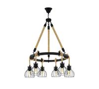 Eglo Lampada a sospensione Rampside, lampada vintage a 6 luci in stile industriale, lampada da soffitto in acciaio e legno, colore nero e marrone, portalampada E27