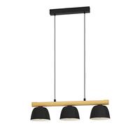 Eglo lampada a sospensione Sherburn, luce sospesa per tavolo da pranzo a 3 luci, FSC100HB, illuminazione per sala da pranzo in metallo nero e legno in colore naturale, attacco E27