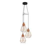 Eglo Lampada a sospensione Tarbes, lampada a sospensione a tre punti luce vintage, lampada a sospensione in stile retrò, acciaio, rame, nero, E27, diametro 31 cm