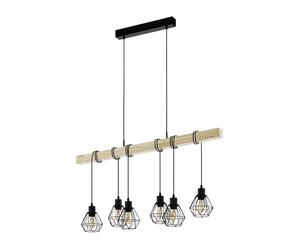 Eglo Lampada a sospensione Townshend 5, plafoniera vintage a 6 punti luce, design industriale, lampada appesa retrò in acciaio e legno, nero, marrone, E27, certificazione FSC