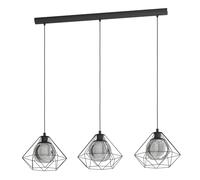 Eglo Lampada a sospensione Vernham, lampada a 3 luci vintage industriale retro, lampada a sospensione in acciaio e vetro fumé nero, lampada da tavolo sospesa con portalampada E27