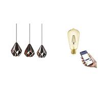 EGLO Lampada a sospensione vintage Carlton 1, incl. 3 lampadine E27 Smart Home connect.z retro, luce a sospensione LED in acciaio dimmerabile in nero e rame, bianco caldo