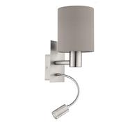 Eglo Lampada da parete a Led Pasteri, lampada da parete in tessuto e acciaio a due punti luce, nichel opaco, color talpa, E27, incl interruttore e luce di lettura flessibile