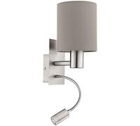 Eglo Lampada da parete a Led Pasteri, lampada da parete in tessuto e acciaio a due punti luce, nichel opaco, color talpa, E27, incl interruttore e luce di lettura flessibile