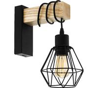 EGLO Lampada da parete Townshend 5, plafoniera vintage a uno punto luce, lampada da parete dal design industriale, lampada retrò in acciaio e legno, nero, marrone, E27, certificazione FSC