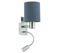 Eglo Lampada da parete Pasteri, illuminazione tessile da letto con LED lettura, metallo argento e tessuto grigio, attacco E27