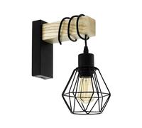 EGLO Lampada da parete Townshend 5, plafoniera vintage a uno punto luce, lampada da parete dal design industriale, lampada retrò in acciaio e legno, nero, marrone, E27, certificazione FSC