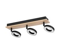 Eglo Lampada da soffitto a LED Rielves, plafoniera con 3 faretti, trave orientabile, in legno marrone e metallo nero, certificazione FSC, colore luce: bianco caldo, lunghezza 40 cm