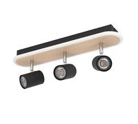 Eglo Lampada da soffitto a LED Rimbocchi, ovale, con 3 faretti, trave orientabile, in metallo nero ed effetto legno, colore luce: bianco caldo, lunghezza 34 cm