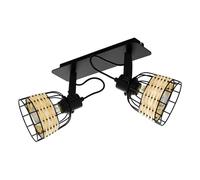Eglo Lampada da soffitto Anwick 1, 2 fiamme lampada da soffitto vintage, boho, faretti in acciaio e rattan, lampada per soggiorno nera e naturale, lampada da cucina, faretti con portalampada E27