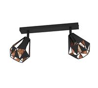 EGLO lampada da soffitto Carlton 7, luce da soffitto con 2 spot, barra spot in stile vintage, industriale, retrò, illuminazione da soggiorno in acciaio in nero e rame, attacco lampadina E27
