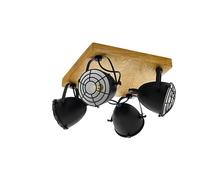 Eglo Lampada da soffitto Gatebeck, lampada a 4 luci vintage, industriale, retro, faretti da soffitto in acciaio nero e legno naturale, lampada per soggiorno e cucina con portalampada E14