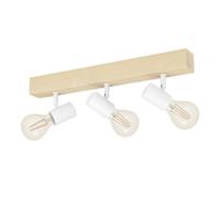 EGLO Lampada da soffitto Townshend 3, 3 lampadine, stile vintage, spot luminoso con design industriale, lampada rétro in acciaio e legno, bianco, marrone, attacco E27, certificazione FSC