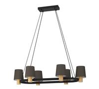 Eglo lampadario Edale, lampada a sospensione ovale da tavolo da pranzo a 6 luci, FSC100HB, illuminazione per sala da pranzo, in metallo nero, legno di rovere e tessuto in cappuccino, attacco E27