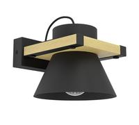 EGLO Maccles FSC100HB - Lampada da parete, applique per interni, lampada per il corridoio in metallo nero e legno naturale, lampada da parete e soffitto, attacco E27
