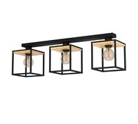 EGLO Plafoniera Libertad, lunghezza 86 cm, nero/legno a 3 luci. EGLO