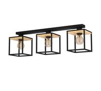 EGLO Plafoniera Libertad, lunghezza 86 cm, nero/legno a 3 luci. EGLO