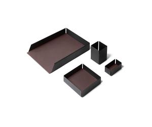 Eglooh - Dafne - Set Scrivania Acciaio Nero Opaco - Fondi Interni in Vera Pelle Marrone Scuro - 4 Pezzi: Svuotatasche, Portapenne, Porta Documenti, Porta Biglietti da Visita - Made in Italy