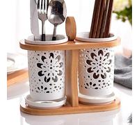 EGNIAN Portaposate Scolaposate In Ceramica E Legno, Portaposate Pratico Per Il Lavello Della Cucina Con Scomparto Staccabile, Bacchette, Cucchiai, Spatole, Scolapiatti Da Cucina