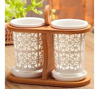 EGNIAN Portaposate Scolaposate, Portaposate Pratico per Il Lavello, Bacchette, Cucchiai, Spatole, Scolapiatti da Cucina con Scomparto Staccabile, in Legno e Ceramica, Bianco