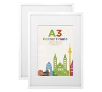 Egofine Cornice portafoto A3, in legno con vetro acrilico, cornice in MDF, set da 2 pezzi, passepartout per foto A4, telaio certificato per montaggio a tavolo e a parete, colore bianco