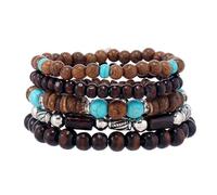 EGOINA Set di bracciali unisex in perle di legno naturale con accenti turchesi, multistrato, impilabili, per tutti i giorni e i viaggi, Resina, Senza Gemstone
