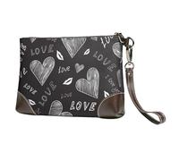 EgoMed Cuori scritti a mano Parole d'amore,Borsa da polso in pelle PU, pochette da donna con cerniera, portafoglio e cinturino da polso