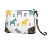 EgoMed Modello di cavallo e fiore dei cartoni animati,Borsa da polso in pelle PU, pochette da donna con cerniera, portafoglio e cinturino da polso
