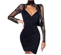 EGSDMNVSQ Donna Miniabito Aderente Vestito A Maniche Lunghe in Pizzo Vestito da Festa Abito da Sera con Scollo A V Abito Corto A Portafoglio Vestito A Tubino Vestito Casual Vestito