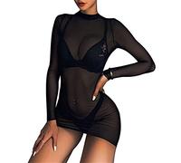 EGSDMNVSQ Vestito Rete Donna Abito Camicetta Vestiti Nero Mini Abito con Maniche Lunghe Abito da Festa Aderente Trasparente Camicia a Rete Abito da Spiaggia Semitrasparente in Tulle Vestiti a Tubino