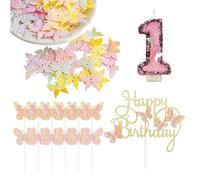 EHDWXVZM 1 Candela Numero 1, 13 Inserti di Carte Farfalla E 1 Confezione di Coriandoli, Decorazioni per Torte, Forniture per Feste di Compleanno per Ragazze.