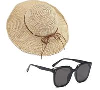 EHDWXVZM 1 Cappello di Paglia, 1 Paio di Occhiali da Sole, Cappello Estivo da Donna, Cappello da Sole da Donna, Cappello da Sole Pieghevole da Donna, Cappello da Spiaggia
