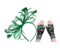 EHDWXVZM 1 Copricapo di Piume, 1 Paio di Guanti di Pizzo, Copricapo da Sposa Verde, Cappello da Sposa da Donna, Copricapo Verde da Donna, Copricapo da Ballo di Scena
