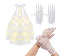 EHDWXVZM 1 velo luminoso, 1 paio di guanti in pizzo, velo con fiocco illuminato, bellissimo velo per foto, velo a forcina, velo da sposa a doppio strato, adatto per matrimoni e feste di comunione