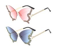 EHDWXVZM 2 paia di occhiali a farfalla con strass, occhiali da sole senza montatura, occhiali da sole da donna, occhiali da sole alla moda, occhiali da sole creativi, accessori