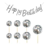 EHDWXVZM 7 Pezzi di Palline da Discoteca, 1 Pezzo di Bandiera di Compleanno, Decorazione per Torta con Palla da Discoteca, Palline per Decorazione Torta, Forniture per Decorazioni per Feste A Tema