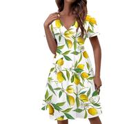 Eheartsgir Abito estivo da donna a maniche corte, scollo a V, abito da damigella d'onore, abito da ospite di nozze, con tasche, Limone , XL