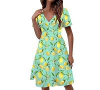 Eheartsgir Abito estivo da donna a maniche corte, scollo a V, abito da damigella d'onore, abito da ospite di nozze, con tasche, Limone Lascia, M