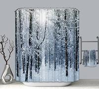 EHOMERY Tenda Doccia Piccola Tenda Vasca da Bagno Foresta di Scene di Neve Tenda Doccia A U Tende A Vetro per Finestra Bagno Polyester Grigio con 12 Anelli di Sospensione, 140X180Cm