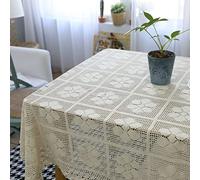 EHOMERY Tovaglia Elegante Rettangolare con Tovaglioli Copri Tavolo Anti Graffio Fiori 6 Petali Cavi all'Uncinetto Antimacchia Home Tovaglie Cotone Lino Beige Protezione Cucina 90X90Cm