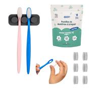 [EHOP] Kit - 2 spazzolini da denti per adulti con 6 testine morbide ricaricabili per adulti, 1 supporto a ventosa doppia, 1 dentifricio solido alla menta | Blu e rosa | Prodotto in Francia