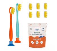 [EHOP] Kit - 2 spazzolini da denti per bambini con 6 testine ricaricabili extra morbide, 1 dentifricio solido alla fragola | Arancia e blu | Prodotto in Francia