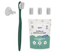 [EHOP] Kit - Spazzolino da denti per adulti con 3 testine morbide ricaricabili per adulti, 1 ventosa a clip, 1 dentifricio solido alla menta | Manico verde | Prodotto in Francia