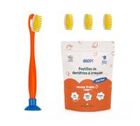 [EHOP] Kit - Spazzolino da denti per bambini con 3 testine ricaricabili extra morbide, 1 supporto a ventosa blu, impugnatura arancione, 1 dentifricio solido alla fragola | Prodotto in Francia